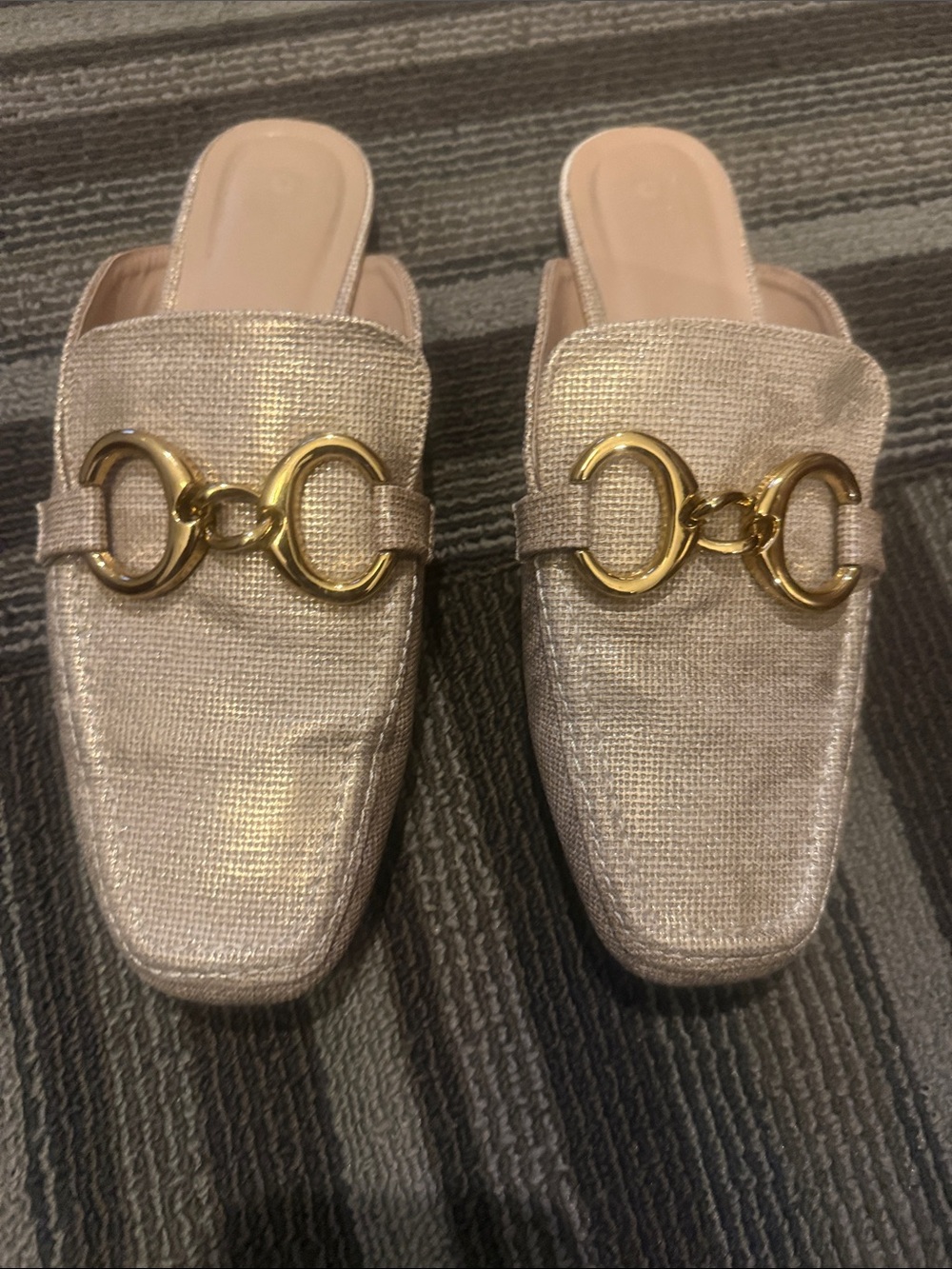 ShuShop Metallic Gold Slip-On Mules with Decorative Buckle